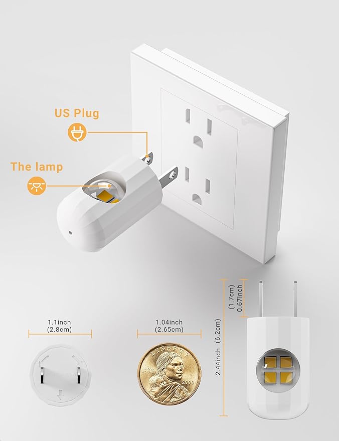 6 Pack Mini LED Night Light Plug in Wall - Dusk to Dawn Auto On/Off, 4000K Cool White 100 Lumen, 360° Adjustable Lighting for Bedroom, Bathroom, Stairs, Kids Room, Hallwayay