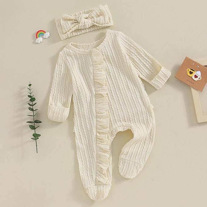 Newborn Baby Girl Fall Winter Outfits Clothes Knit Jumpsuit Ruffle Romper Newborn Coming Home Outfit for Baby Girl