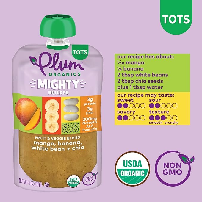 Plum Organics Mighty Builder Organic Toddler Food - Mango, Banana, White Bean, and Chia - 4 oz Pouch (Pack of 12) - Organic Fruit and Vegetable Toddler Food Pouch