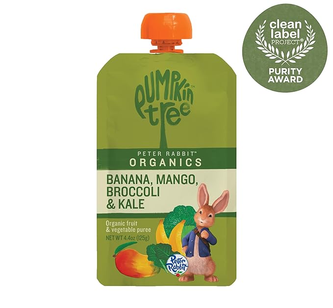 Pumpkin Tree Peter Rabbit Organics, Banana, Mango, and Kale, 4 Squeeze Pouch, Mango, Broccoli & Kale, 4.4 Ounce (Pack of 10)