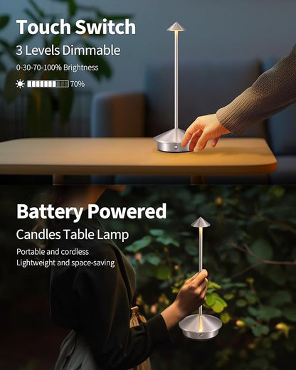 Modern Cordless Table Lamp Set of 2, Portable LED Desk Lamps, 5000mAh Rechargeable Battery Operated Lighting for Bedroom Dining Room Restaurant Coffee Shop Camping Night Light (Brushed Nickel)