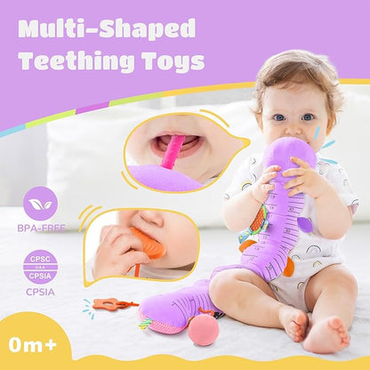 Baby Toys 6-12 Months Music Caterpillar Infant Toys Stuffed Animals 0-3-6 Months Teething Tummy Time Sensory Toys with Mirror Rattle&Pull String for Boys Girls Birthday Gifts|Lavender Purple