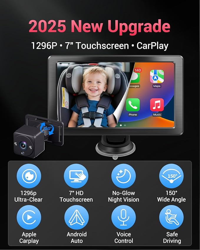 Baby Car Camera, 1296P HD Car Baby Monitor with 7" Touchscreen, CarPlay, No‑Glow Night Vision, 150° Wide Angle, Live Rear‑Seat View, Easy Installation, Alternative to Rear Facing Mirrors