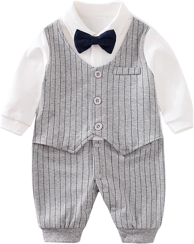 HUAANIUE Newborn Baby Boys Gentleman Romper One Piece Long Sleeve Bowtie Outfit Formal Wear Tuxedo Suit