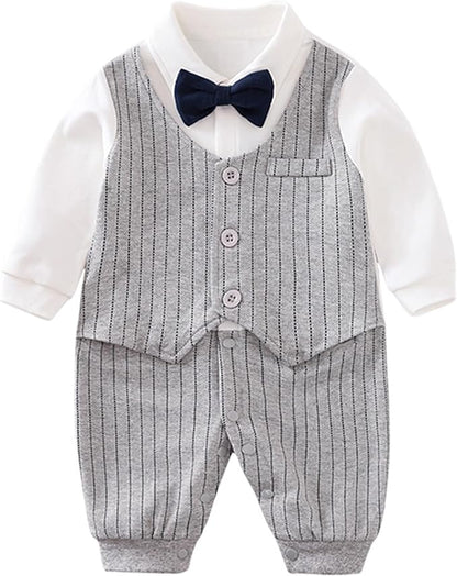 HUAANIUE Newborn Baby Boys Gentleman Romper One Piece Long Sleeve Bowtie Outfit Formal Wear Tuxedo Suit