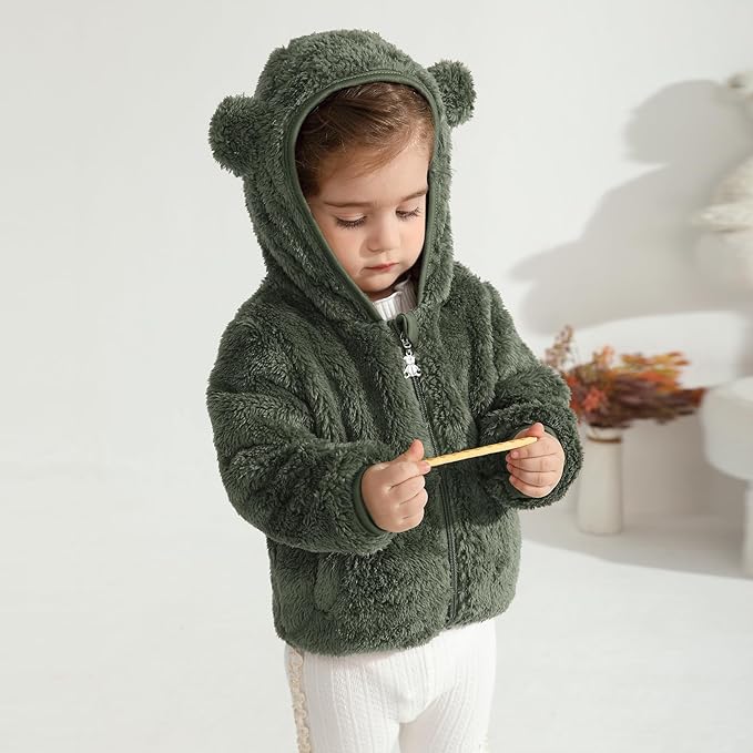 Baby Toddler Boys Girls Fleece Jacket with Hood Zip Up Cute Bear Coats for Infant Boys Girls Fuzzy Jacket with Ear 1-5T