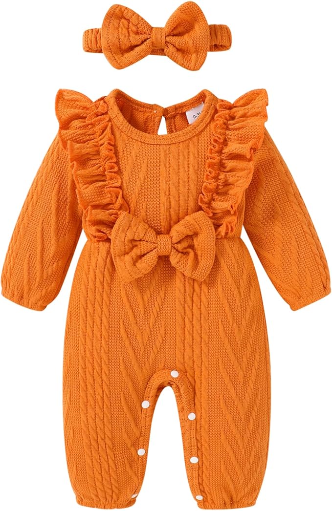 Happy Town Baby Girl Romper Infant Fall Winter Clothes Ruffle Sweater Long Sleeve Bodysuit Jumpsuit and Headband