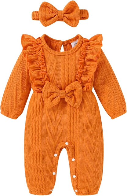 Happy Town Baby Girl Romper Infant Fall Winter Clothes Ruffle Sweater Long Sleeve Bodysuit Jumpsuit and Headband