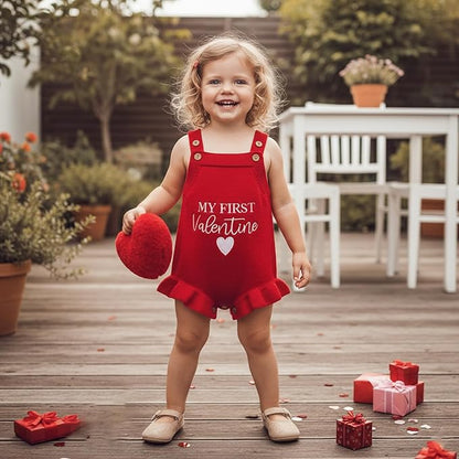 Infant My First Valentines Baby Girl Outfit Newborn Button Heart Embroidery Knit Romper Bubble Bodysuit One Piece