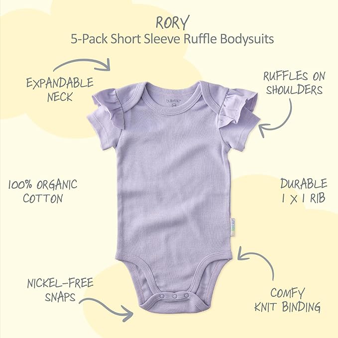 baby-girls Rory 5-pack Short Sleeve Ruffle Shoulder Bodysuits 100% Organic Cotton for Baby Girls