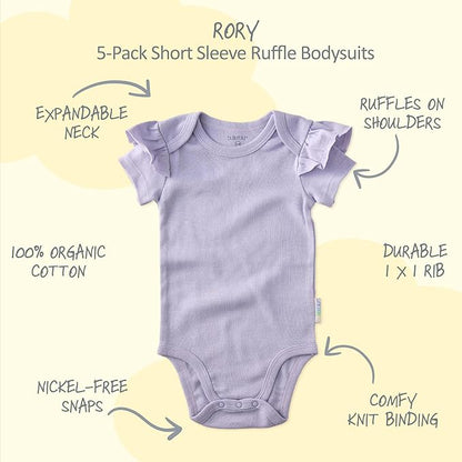 baby-girls Rory 5-pack Short Sleeve Ruffle Shoulder Bodysuits 100% Organic Cotton for Baby Girls