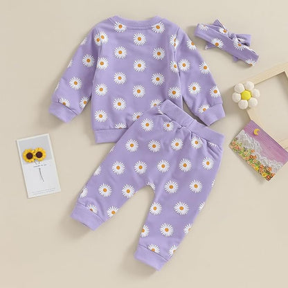 3Pcs Baby Girl Outfits Daisy Sweatshirt + Pants + Headband Infant Fall Winter Clothes