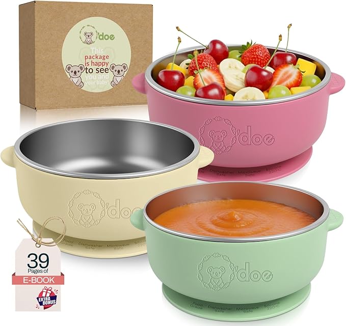 o'doe Baby Bowls – Stainless Steel Baby Feeding Bowls with Suction | Non-Slip Toddler Bowls for Self Feeding | BPA-Free Kids Bowls for Baby Food | Stainless Steel Bowls Kids