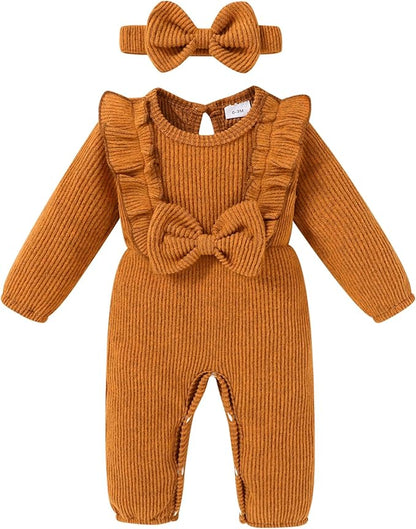 Happy Town Baby Girl Romper Infant Fall Winter Clothes Ruffle Sweater Long Sleeve Bodysuit Jumpsuit and Headband