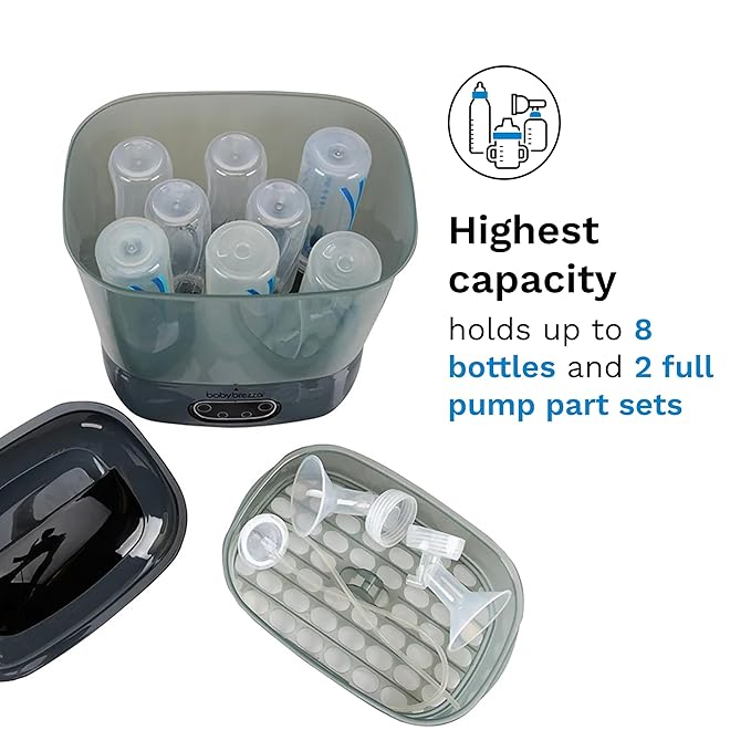Baby Brezza Bottle Sterilizer and Dryer Advanced – 33% Faster - Largest Capacity Steam Sanitizer - Universal Sterilization Machine for All Bottles + Pump Parts - HEPA Air Filter, Charcoal
