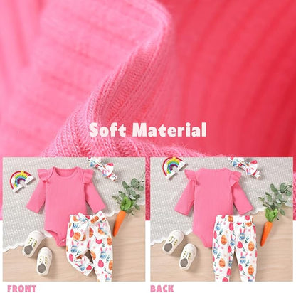 Aalizzwell Preemie Newborn Infant Baby Girls Clothes Ribbed Romper Bodysuit Pants Set Fall Winter Outfits