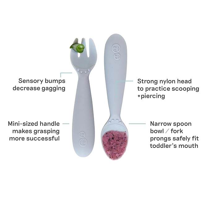 ezpz Mini Utensils - 12 Months+ (Fork & Spoon in Pewter) - 100% BPA Free Fork and Spoon - Toddler Utensils - Designed by a Pediatric Feeding Specialist