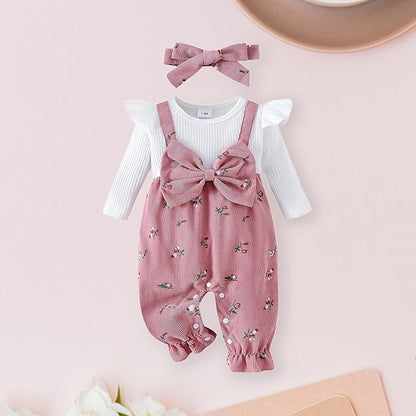 Newborn Baby Girl Clothes Corduroy Floral Bow O Neck Long Sleeve Romper Infant Jumpsuit Cute Outfits Headband