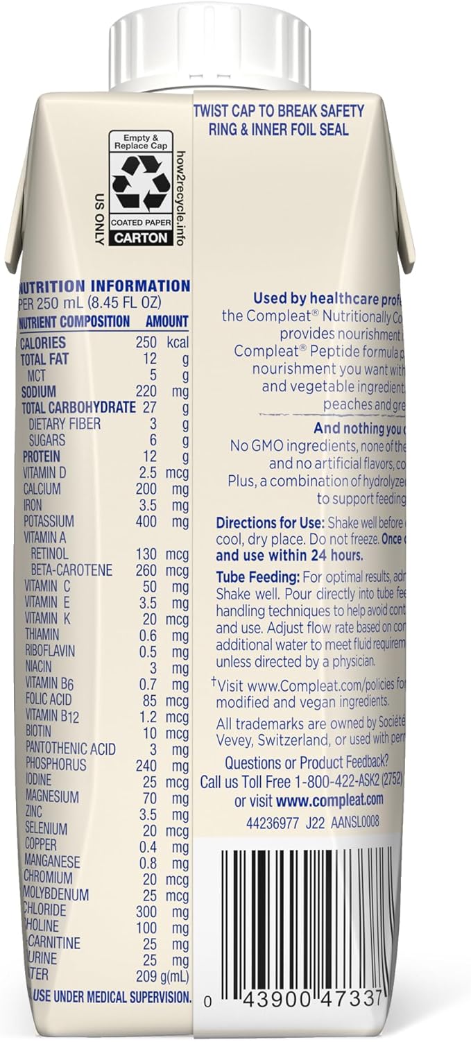 Nestle Compleat Peptide 1.0 Tube Feeding Formula Vegetable/Fruit Medley Flavor 250 mL Carton 24 Ct