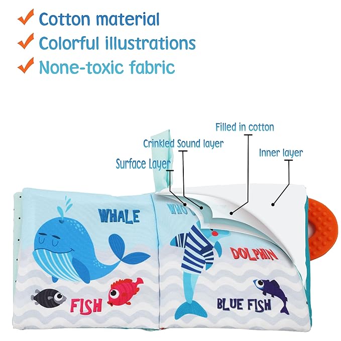 Baby Book Toy, Soft Cloth Crinkle Books for Babies with Teether, Infant Toys 0-3-6-12-18 Months, Shower Baby Gifts, Teething Toy for Boys Girls- Fish, Shark-1PC Book