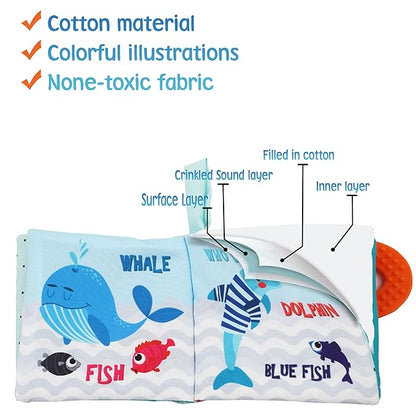 Baby Book Toy, Soft Cloth Crinkle Books for Babies with Teether, Infant Toys 0-3-6-12-18 Months, Shower Baby Gifts, Teething Toy for Boys Girls- Fish, Shark-1PC Book