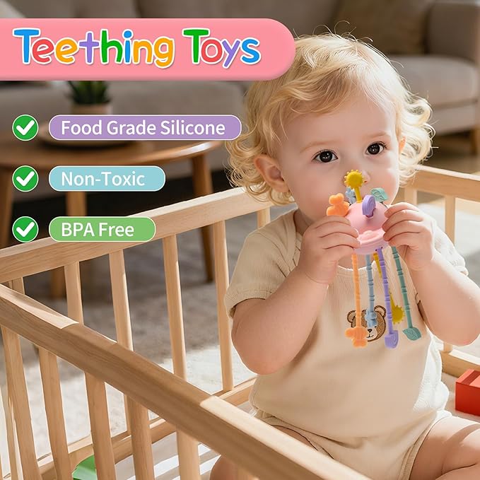 Little Rawr Silicone Baby Sensory Montessori Toys & Pull String Teething Toys for 18 M+, Toddler Birthday Gift Car Seat Airplane Travel Toy for 1 2 Year Old Boy Girl Infant 18 Months Old (Pink)