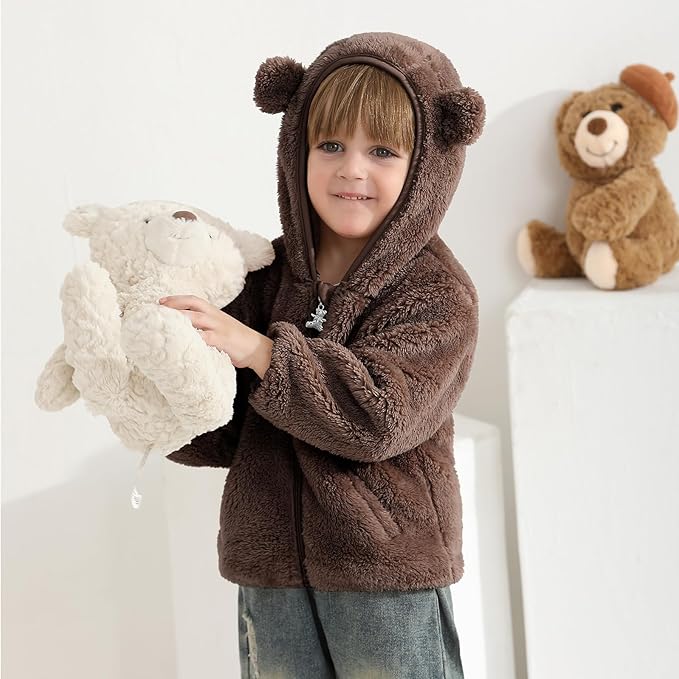 Baby Toddler Boys Girls Fleece Jacket with Hood Zip Up Cute Bear Coats for Infant Boys Girls Fuzzy Jacket with Ear 1-5T