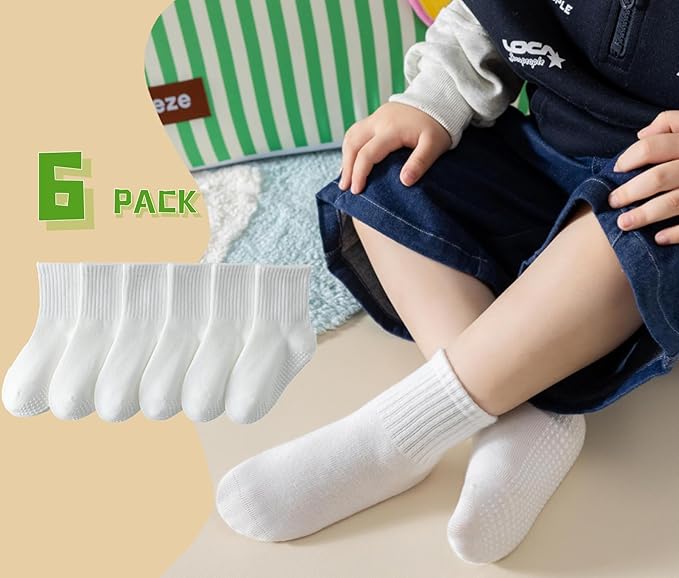 Toddler Grip Socks with Non-Slip, Unisex Baby Retro Stripe Seamless Crew Ankle Cotton Socks for Girls Boys 6 Pairs