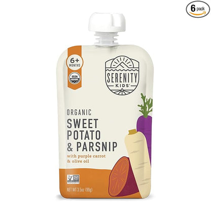 Serenity Kids 6+ Months Baby Food Pouches Veggie Puree - Sweet Potato & Parsnip - USDA Organic Snack Pouches - No Added Sugar Baby Snacks - Allergen Free Toddler Food - 3.5 Oz, 6 Pack