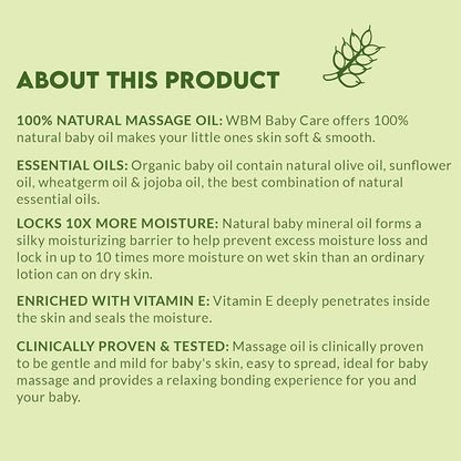 WBM Care Baby Oil | Moisturizing Baby Massage Oil | Mineral Oil-Free with 100% Natural Ingredients and Vitamin E | 10 oz for gentle care and nourishment