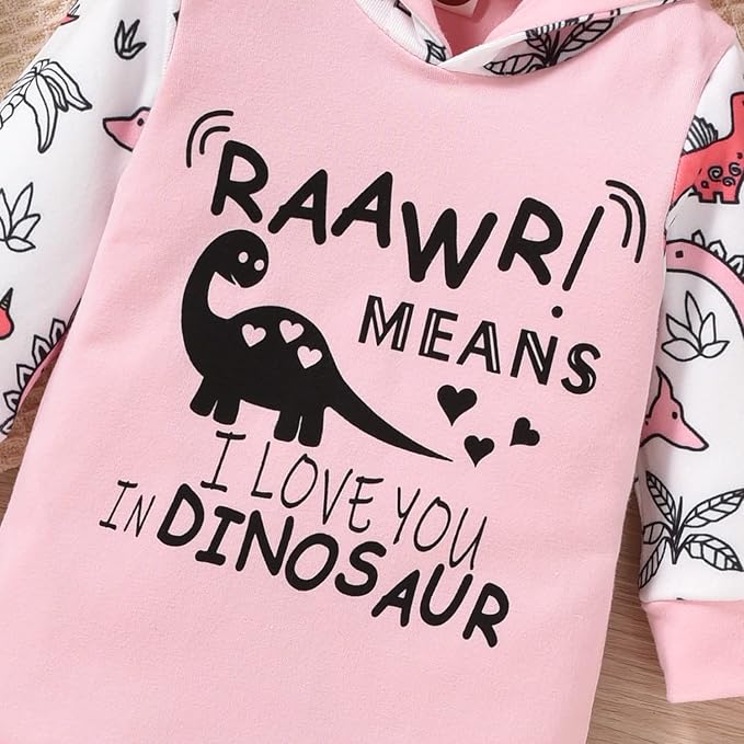 Newborn Infant Baby Girl Dinosaur Outfit Long Sleeve Hoodie Romper Bodysuit and Pants with Headband Set