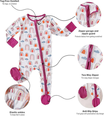 OPAWO Bamboo Baby Pajamas 3 Pack, 2 Way Zipper Newborn Footie Pajamas with Mitten Cuffs, Bamboo Sleepers for Baby Girl Onesie