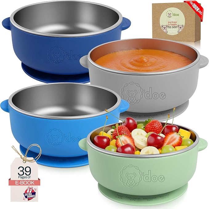 o'doe Baby Bowls – Stainless Steel Baby Feeding Bowls with Suction | Non-Slip Toddler Bowls for Self Feeding | BPA-Free Kids Bowls for Baby Food | Stainless Steel Bowls Kids