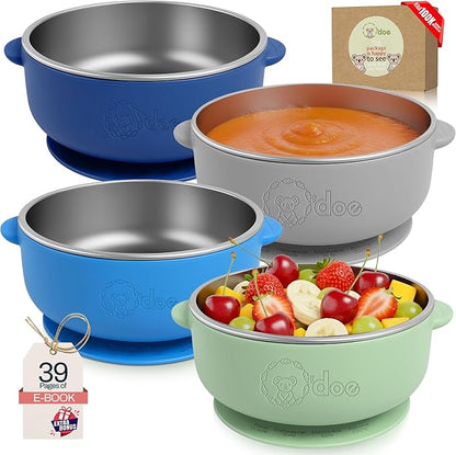 o'doe Baby Bowls – Stainless Steel Baby Feeding Bowls with Suction | Non-Slip Toddler Bowls for Self Feeding | BPA-Free Kids Bowls for Baby Food | Stainless Steel Bowls Kids