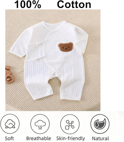 Newborn Baby Cotton Onesie, Cute Bear Patched Casual Long Sleeve Bodysuit, Toddler & Infant Boy's Girl's Comfortable Clothing