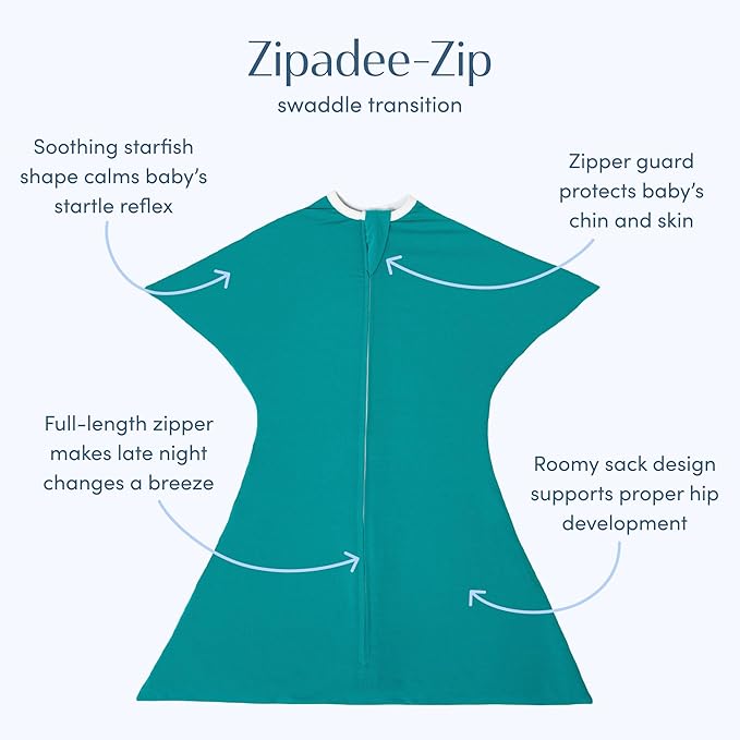 SleepingBaby Zipadee-Zip Transition Swaddle - Cozy Baby Swaddle Blanket with Zipper Convenience - Roomy Wearable Blanket for Easy Diaper Changes - Classic Teal, X-Small (3-6 Month)