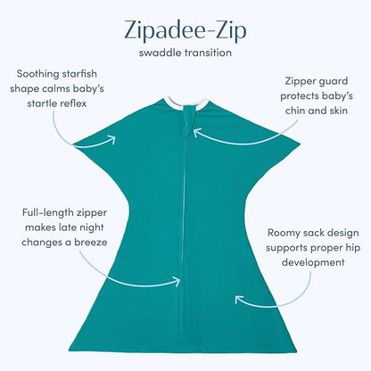SleepingBaby Zipadee-Zip Transition Swaddle - Cozy Baby Swaddle Blanket with Zipper Convenience - Roomy Wearable Blanket for Easy Diaper Changes - Classic Teal, Medium (6-12 Month)