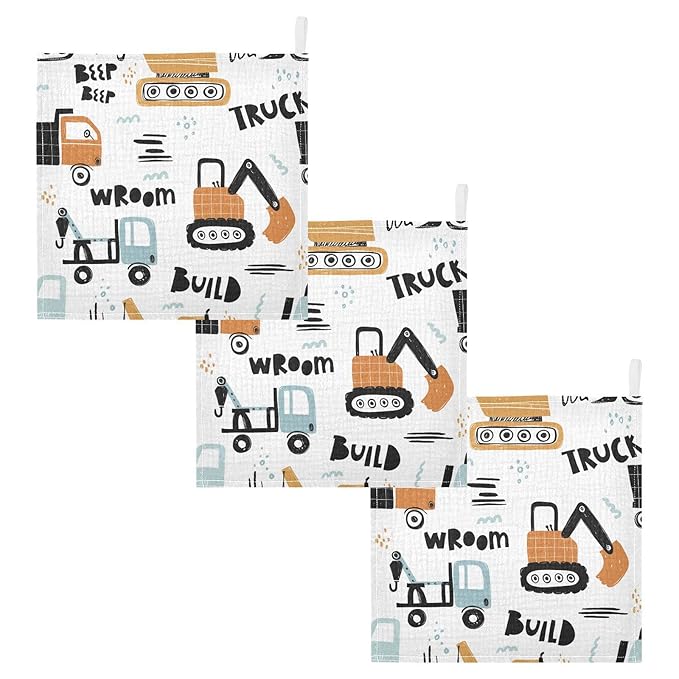 vvfelixl Baby Muslin Washcloths, Building Equipment Construction Transpor Baby Burp Cloths, Cotton Baby Face Towel for Newborn Infants Boys Girls Soft and Absorbent 11.8 X 11.8 in, 3 Pack