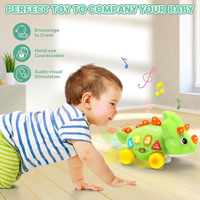 Musical Dinosaur Toys for 1 Year Old Baby - Tummy Time Light up Toys for Newborn Infant, Crawling Toys for 6-12-18 Months Kids, Early Learning Educational Toys and Gifts for 1-3 Year Old Toddlers