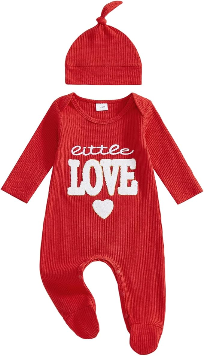 Baby Valentines Outfit Girl Boys Long Sleeve Footie Rib Onesie knot Hat Spring Clothes Newborn Outfits Infant Set