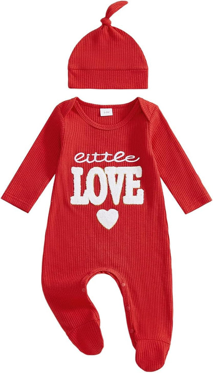 Baby Valentines Outfit Girl Boys Long Sleeve Footie Rib Onesie knot Hat Spring Clothes Newborn Outfits Infant Set