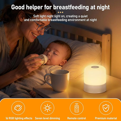 Night Light Bedside Lamp with Touch and Remote Control, 13 RGB Colors Changing 5 Brightness Dimmable Table lamp, Rechargeable Portable Desk Lamp for Baby Kids Nursery Bedroom Outdoor Camping