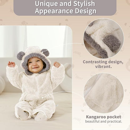 Newborn Baby Bear Outfit Suit With Fold-Over Mittens Footies Girls Boys Winter Fleece Clothes Hooded Romper Snowsuit