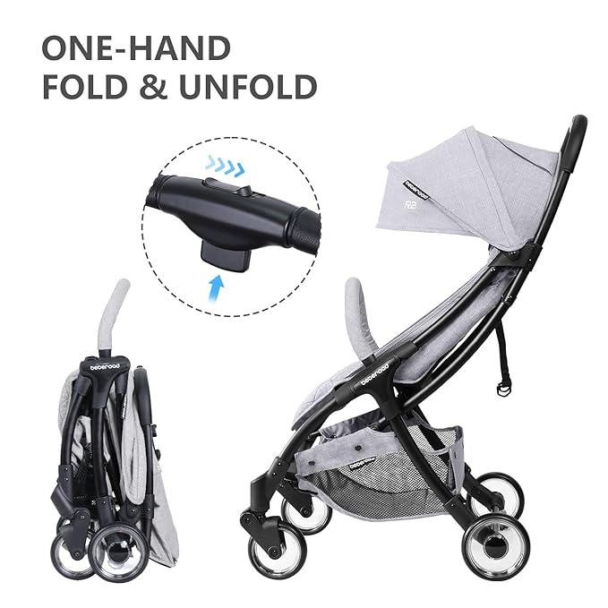Beberoad Love R2 Small Travel Stroller Compact Strollers Foldable Lightweight Baby Stroller for Airplane, Infant with Adjustable Backrest, Cup Holder and Waterproof Canopy, Gray