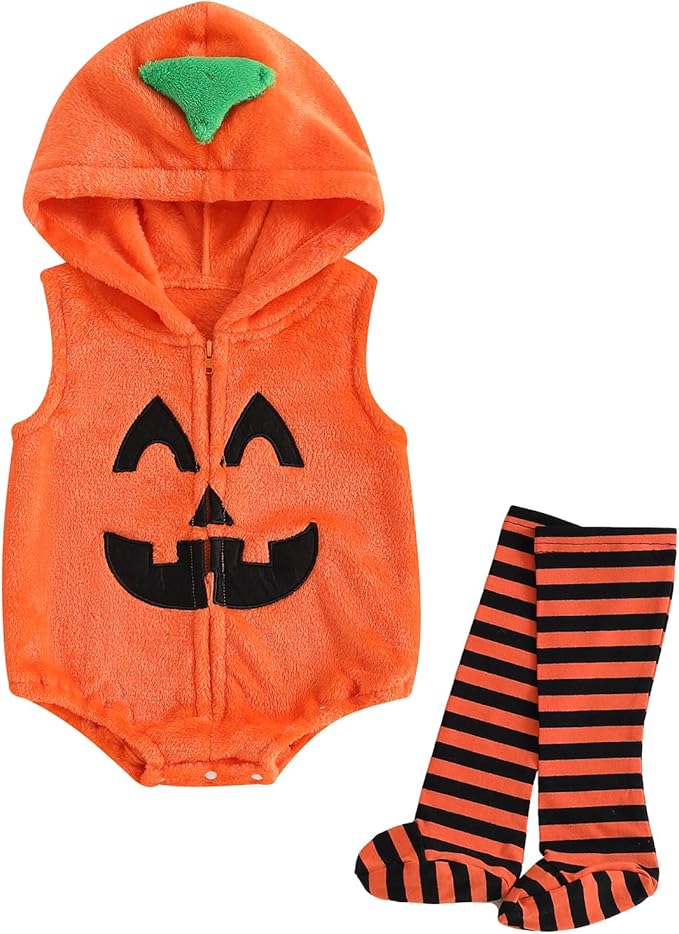 Baby Halloween Costumes Bee/Pumpkin/Ghost Costume Zipper Hooded Sleeveless Romper Stockings Infant Halloween Clothes