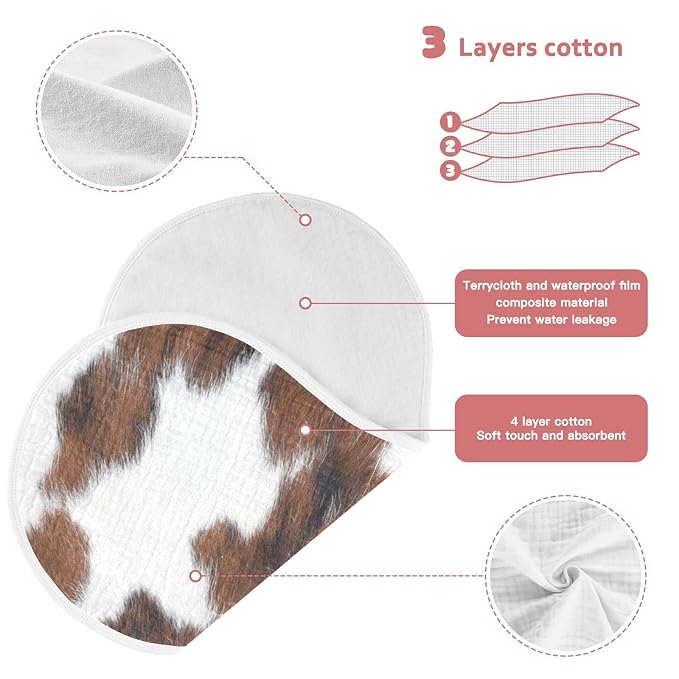 Muslin Baby Burp Cloths Set of 1, Soft Absorbent White Brown Print Cow Muslin Washcloths, Bibs, Face Towel for Newborn Boys Girls, 22 x 11 Inch