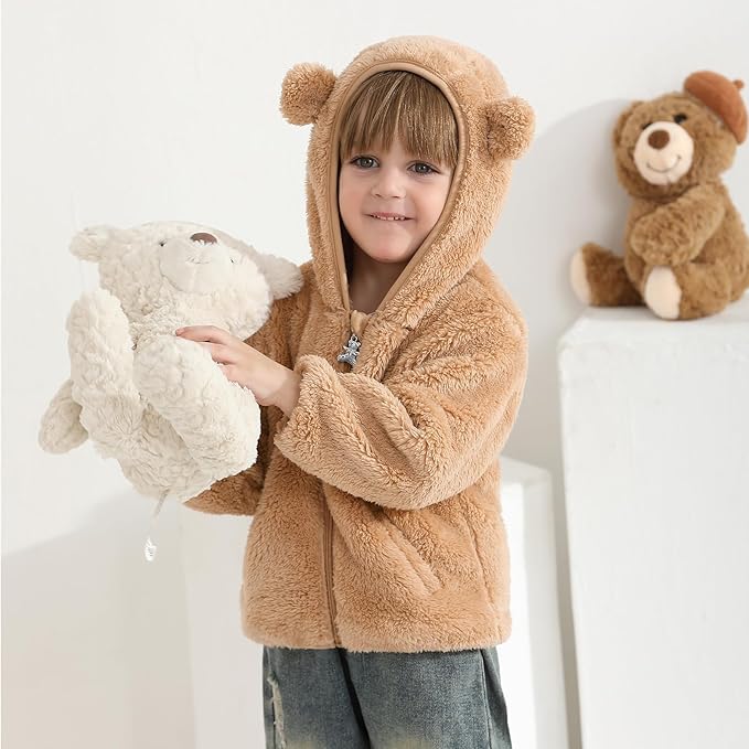 Baby Toddler Boys Girls Fleece Jacket with Hood Zip Up Cute Bear Coats for Infant Boys Girls Fuzzy Jacket with Ear 1-5T