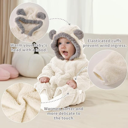 Newborn Baby Bear Outfit Suit With Fold-Over Mittens Footies Girls Boys Winter Fleece Clothes Hooded Romper Snowsuit