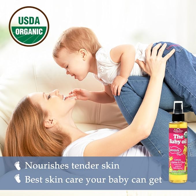 US Organic Baby Oil with Calendula, Smooth Caribbean Coconut, Certified Organic by USDA, Jojoba & Olive Oil with Vitamin E, No Alcohol, Paraben, Artificial Detergents, Color, Synthetic Perfume, 135ml