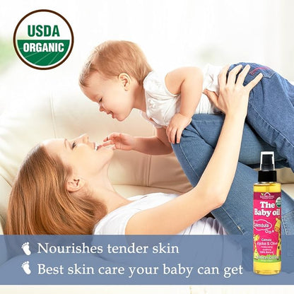US Organic Baby Oil with Calendula, Smooth Caribbean Coconut, Certified Organic by USDA, Jojoba & Olive Oil with Vitamin E, No Alcohol, Paraben, Artificial Detergents, Color, Synthetic Perfume, 135ml